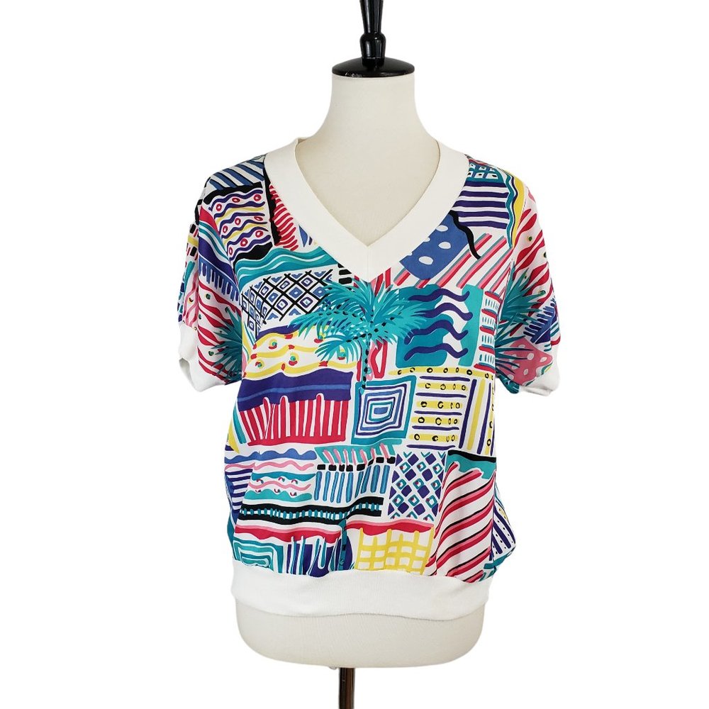 Vintage 80s Blue Skies of Florida Multicolored Art Deco Top Size Medium*